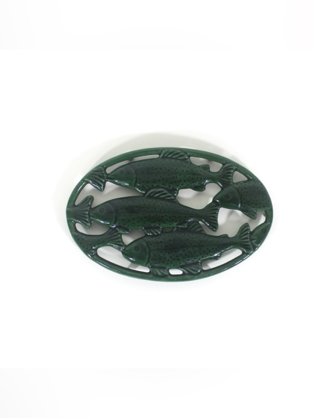 Vintage French Cast Iron Enamelled Green Fish Trivet Made in France